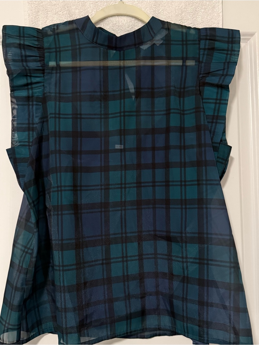 LOFT Teal and Navy Plaid Ruffle Sleeve Blouse
